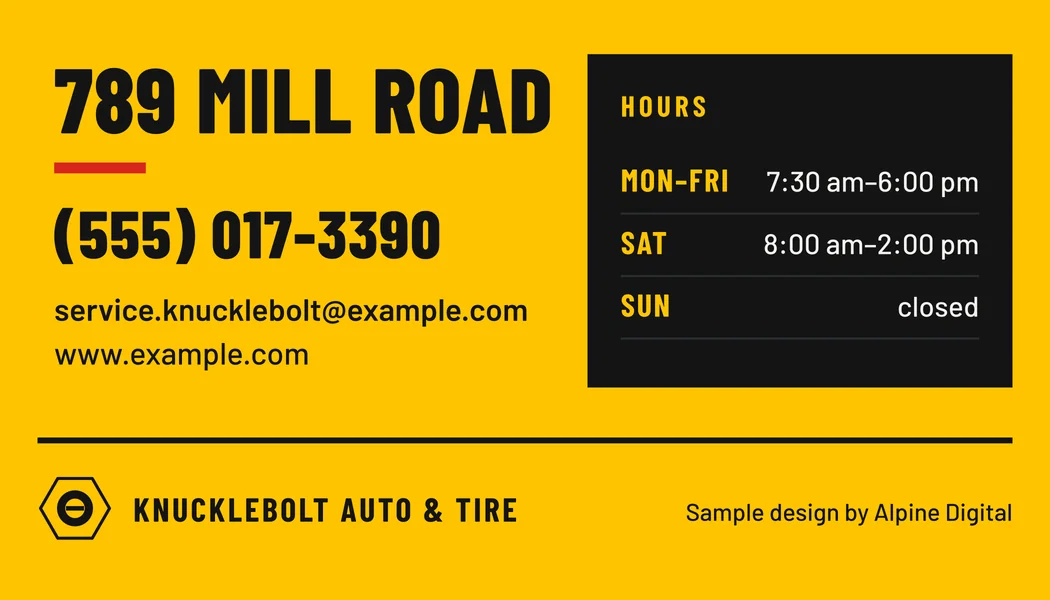 Knucklebolt Auto & Tire business card, back (sample design)