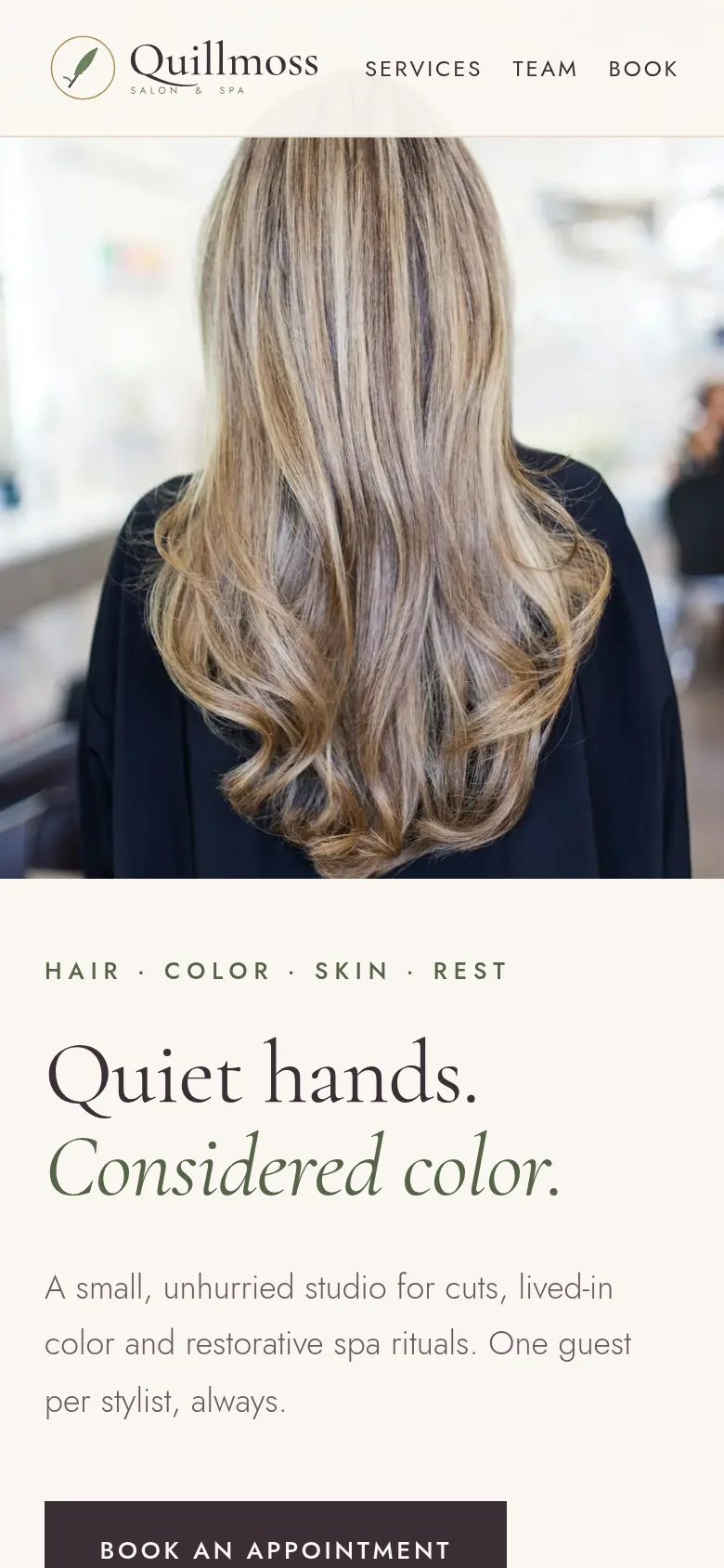 Quillmoss Salon & Spa sample design on a phone