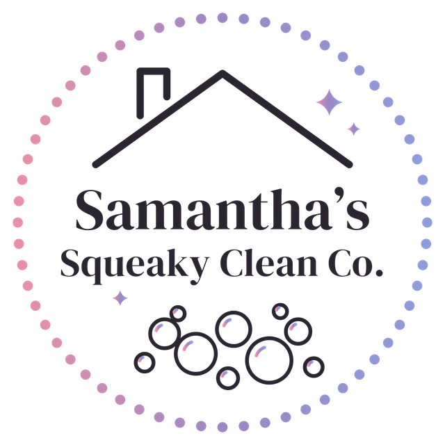 Samantha's Squeaky Clean Co. logo: a house roofline over the name, ringed by pink and lavender dots with bubbles
