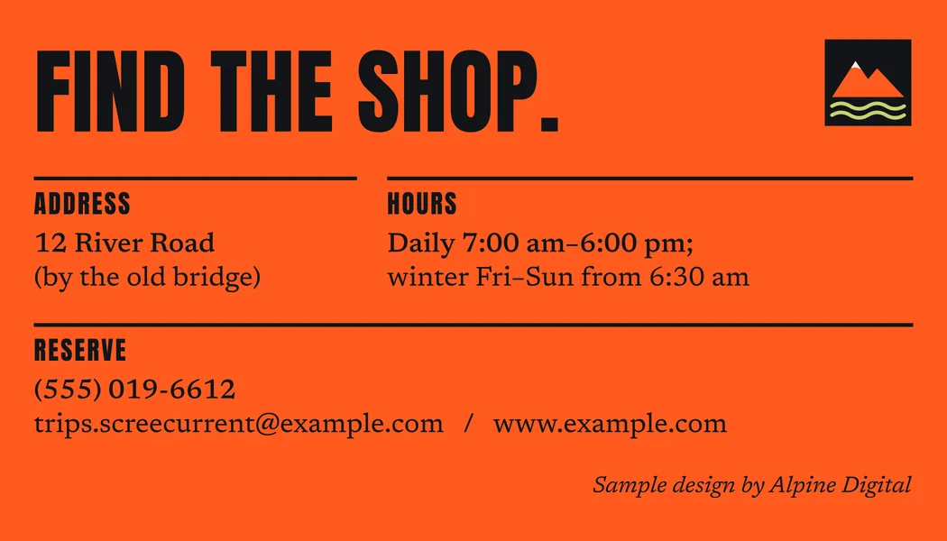 Scree & Current Outfitters business card, back (sample design)