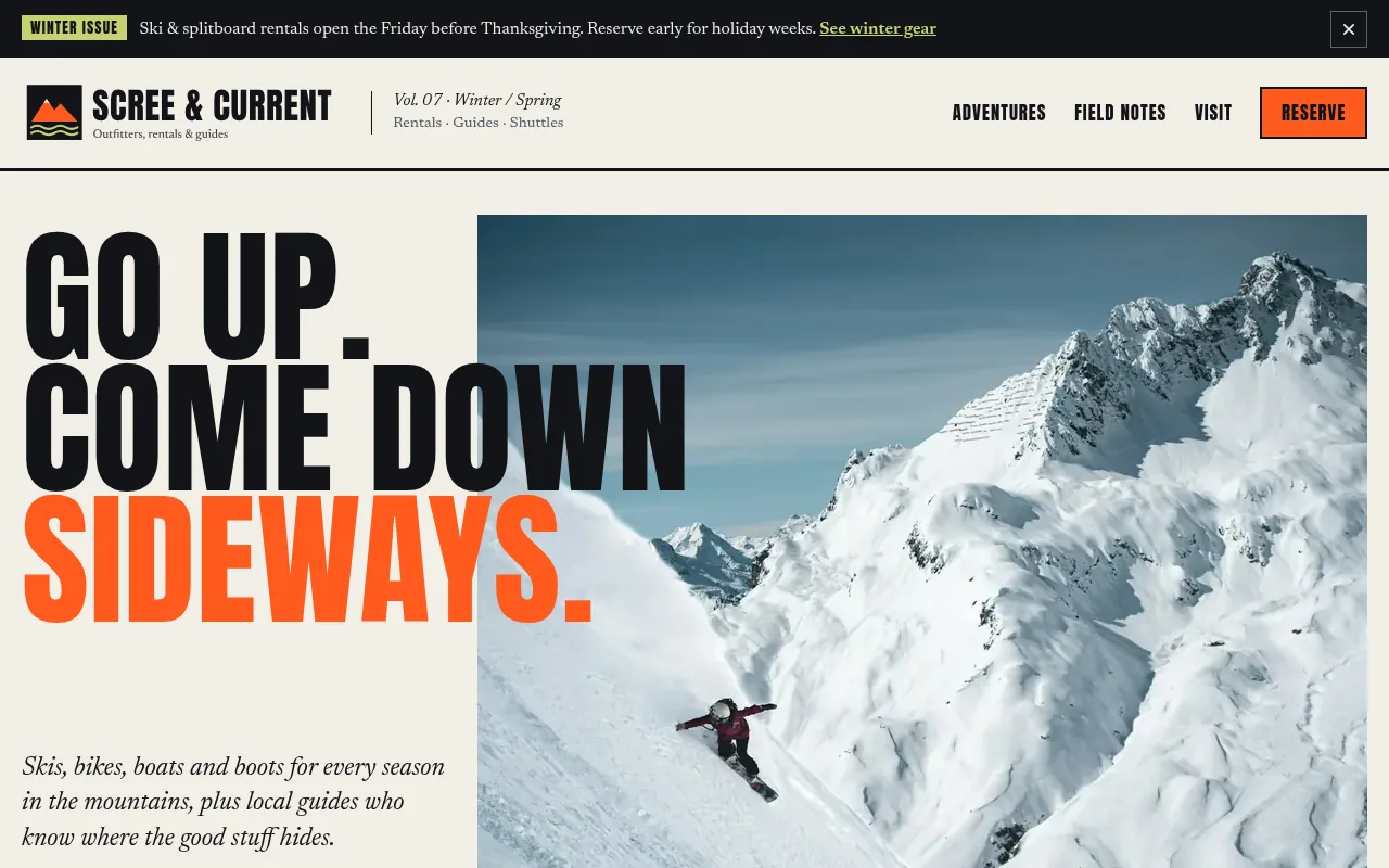 Scree & Current Outfitters sample design on a desktop screen: magazine-style page with the giant headline Go up. Come down sideways. beside a skier in powder